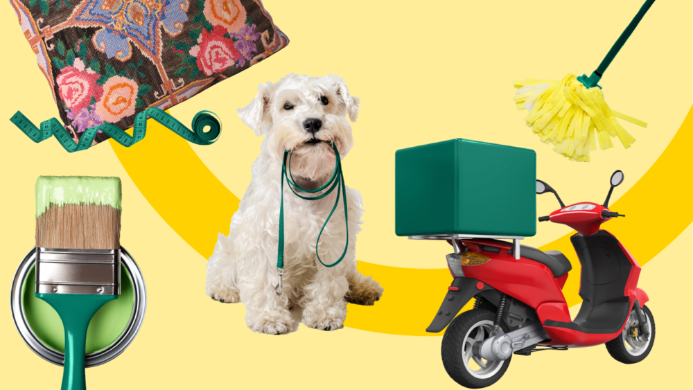 Ci, clustog, mop, moped a brwsh paent wrth ochr y teitl