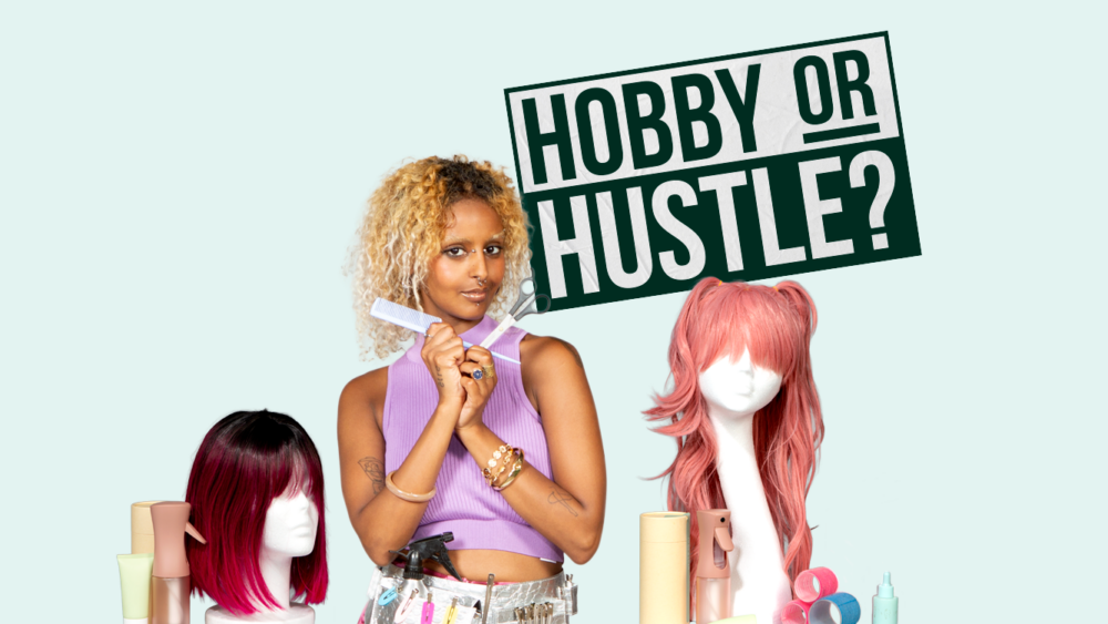 A woman stoof holding a pair of scissors surrounded by other hair products.